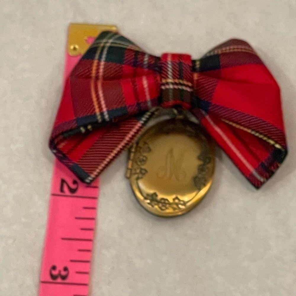 vintage Red Plaid Bow with Gold engraved Locket brooch - Picture 7 of 7